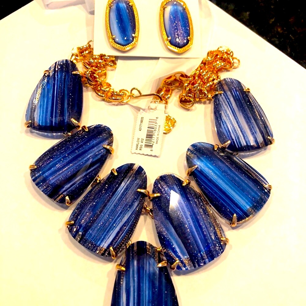 NWT RARE & RETIRED Kendra Scott Navy Dusted Harlow & Elles Rose Gold STUNNING! - Picture 3 of 13